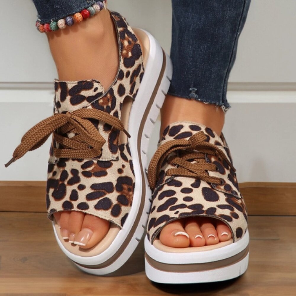 Leopard Print Hollow Out Lace-Up Wedge Sandals
